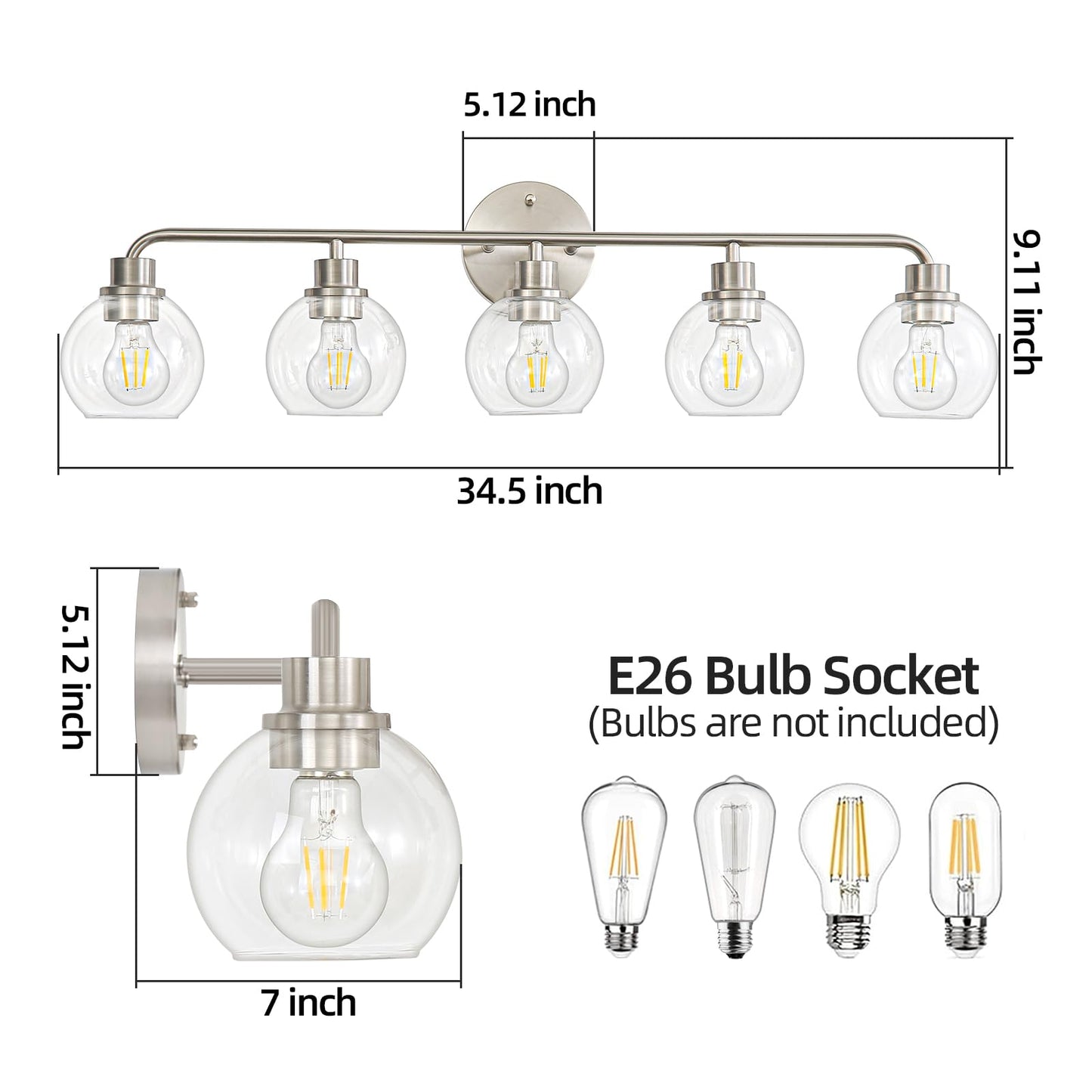 Bathroom Light Fixtures 5 Light Brushed Nickel Vanity Light Silver Modern Wall Sconces Lighting Bathroom Lights with Globe Glass Shade Bath Wall Lights for Mirror Kitchen Living Room Hallway 34.5"