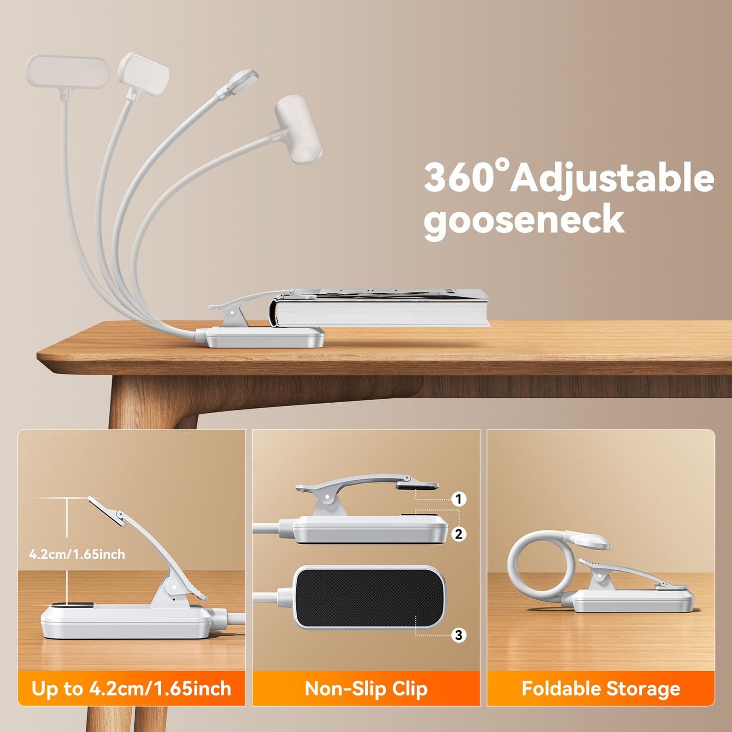 20 LED Rechargeable Book Light for Reading in Bed, Eye Caring 3 Color Temperatures, Adjustable Brightness, 100H Runtime, Durable & Lightweight, Portable Clip On Reading Light for Study, Travel