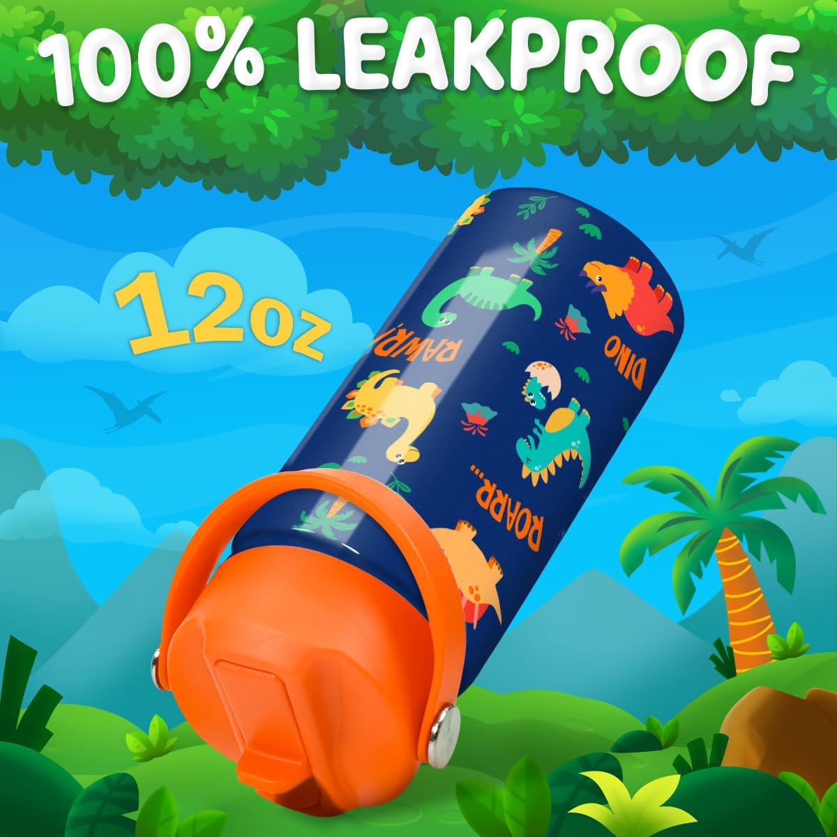 Skiennix Dinosaur Water Bottle - 12 Oz Insulated Stainless Steel with Straw Lid | Perfect for Kids' Sports & School