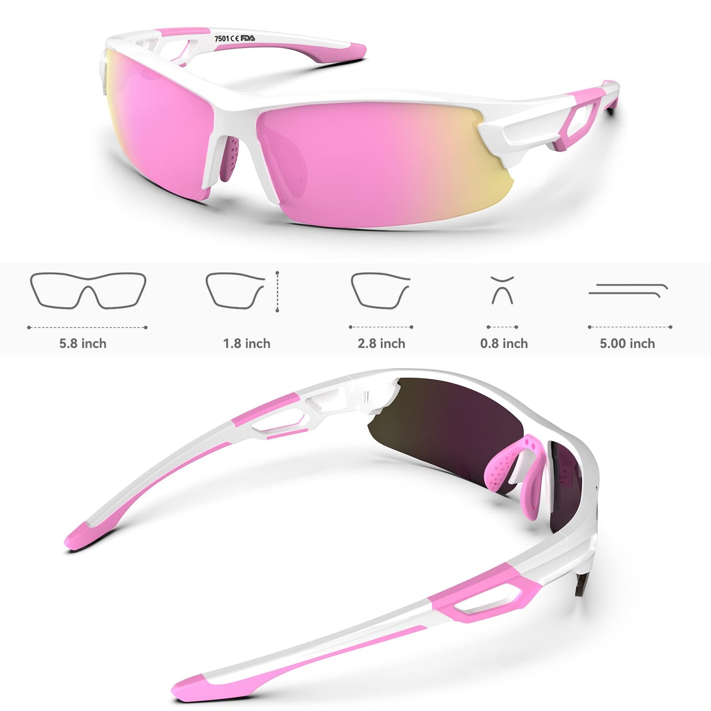 BEACOOL Polarized Sports Sunglasses for Men Women Running Baseball Cycling Driving Fishing Golf Motorcycle UV400 Sun Glasses (Half Frame, GlossyWhite Pink)