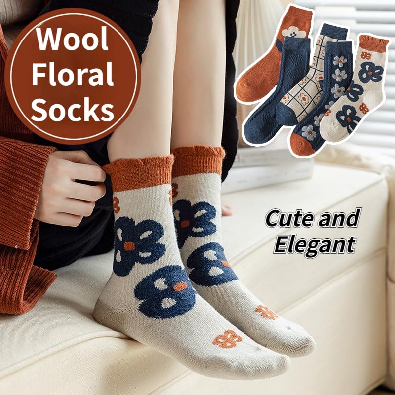 Wool Socks for Women Thick Knit Vintage Floral Crew Socks - 5 Pairs Blue Flowers (5-9)