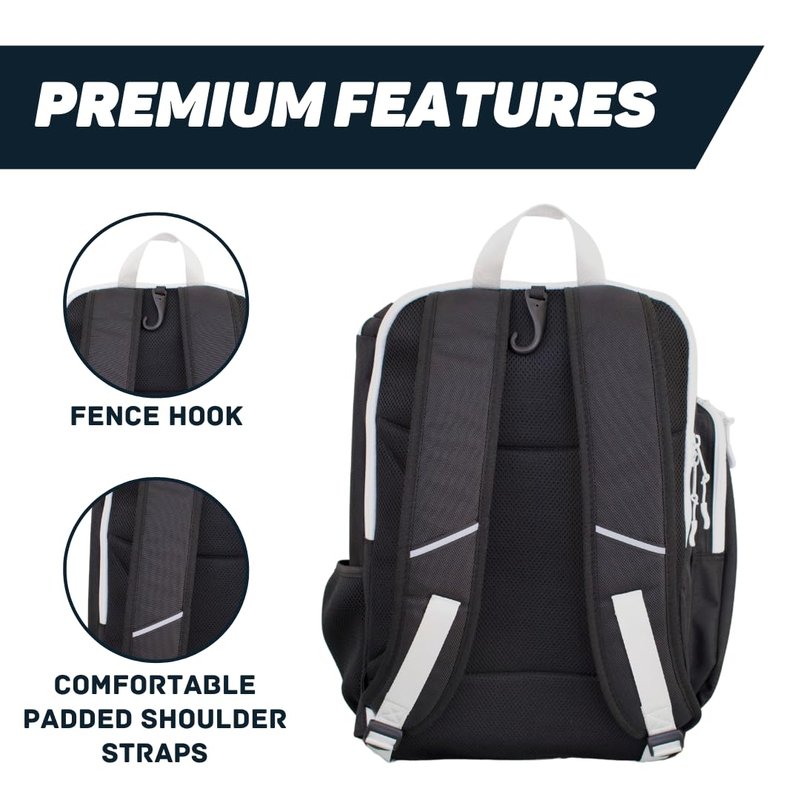 PBAW Pickleball Backpack Bag – Fits 2-4 Paddles, Vented Shoe Compartment, 14 Pockets, Fence Hook & Dual XL Bottle Holders – Lightweight Carry-On Gear Bag for Men & Women - Black/White