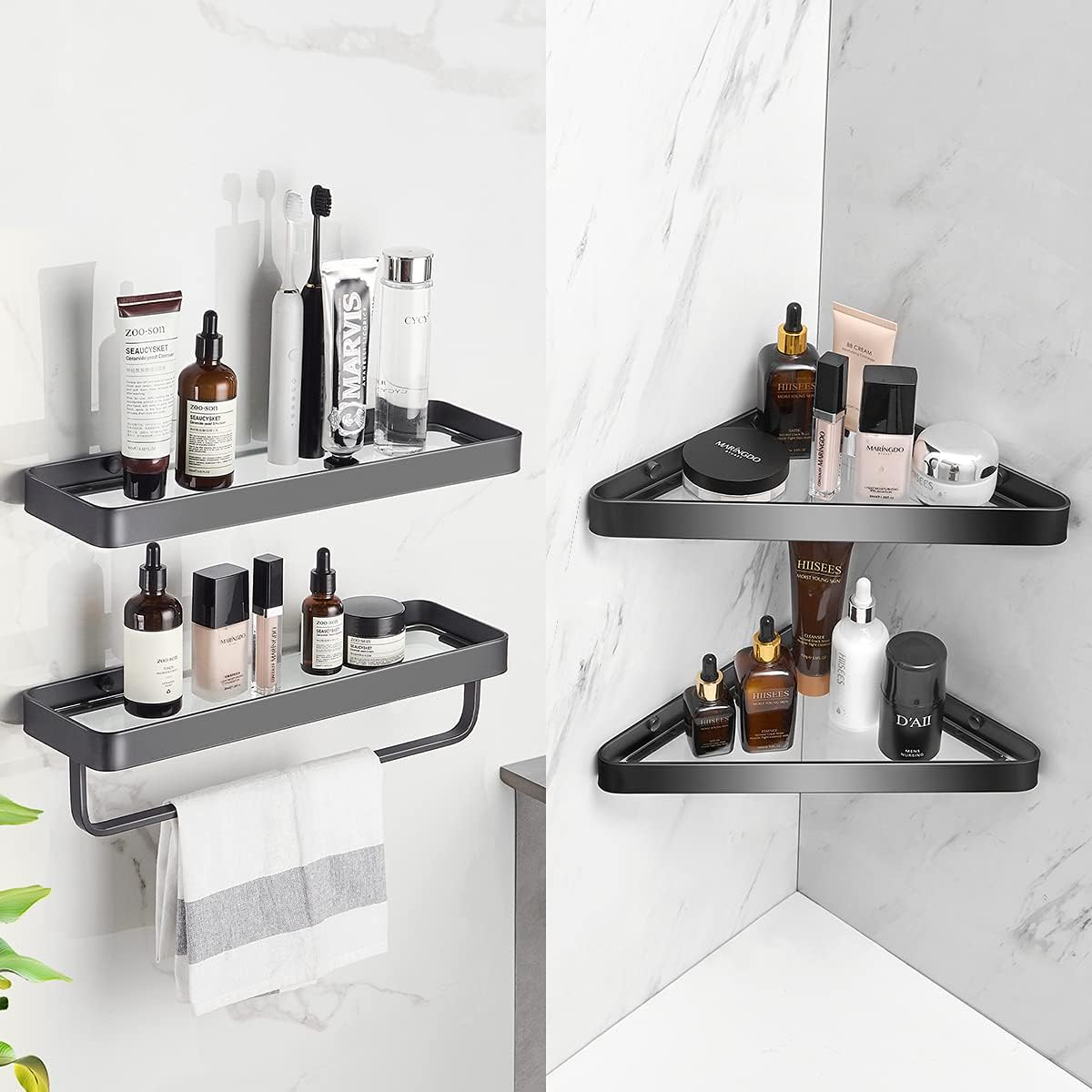 Wall Mounted Glass Bathroom Shelves - 2-Tier Floating Organizer in Black