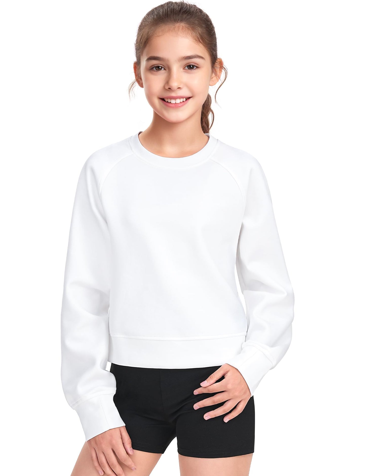 JOCMIC Girls Crewneck Sweatshirt, Long Sleeve Plain Shirts Crop Tops with Thumbholes for Teens Youth White 11-12 Years