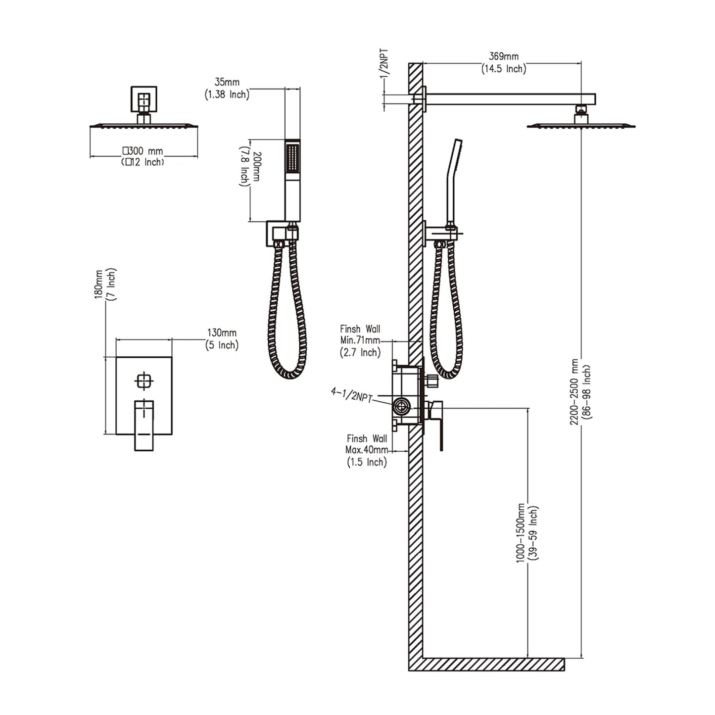 12 Inch Shower Faucet Set Matte Black Shower System with Square Shower Head and Handle Set, Wall Mounted Shower Fixtures Solid Brass Pressure Balancing Shower Mixer Valve, Matte Black