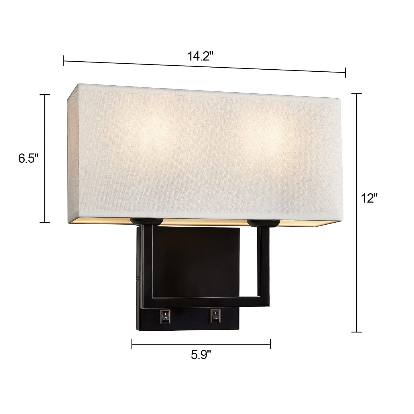 TERLEENART Modern Transitional 2-Lights Hardwired Double Wall Sconce with Switch and Square White Fabric Shade,Nightstand Reading Wall Mount Light for Bedroom