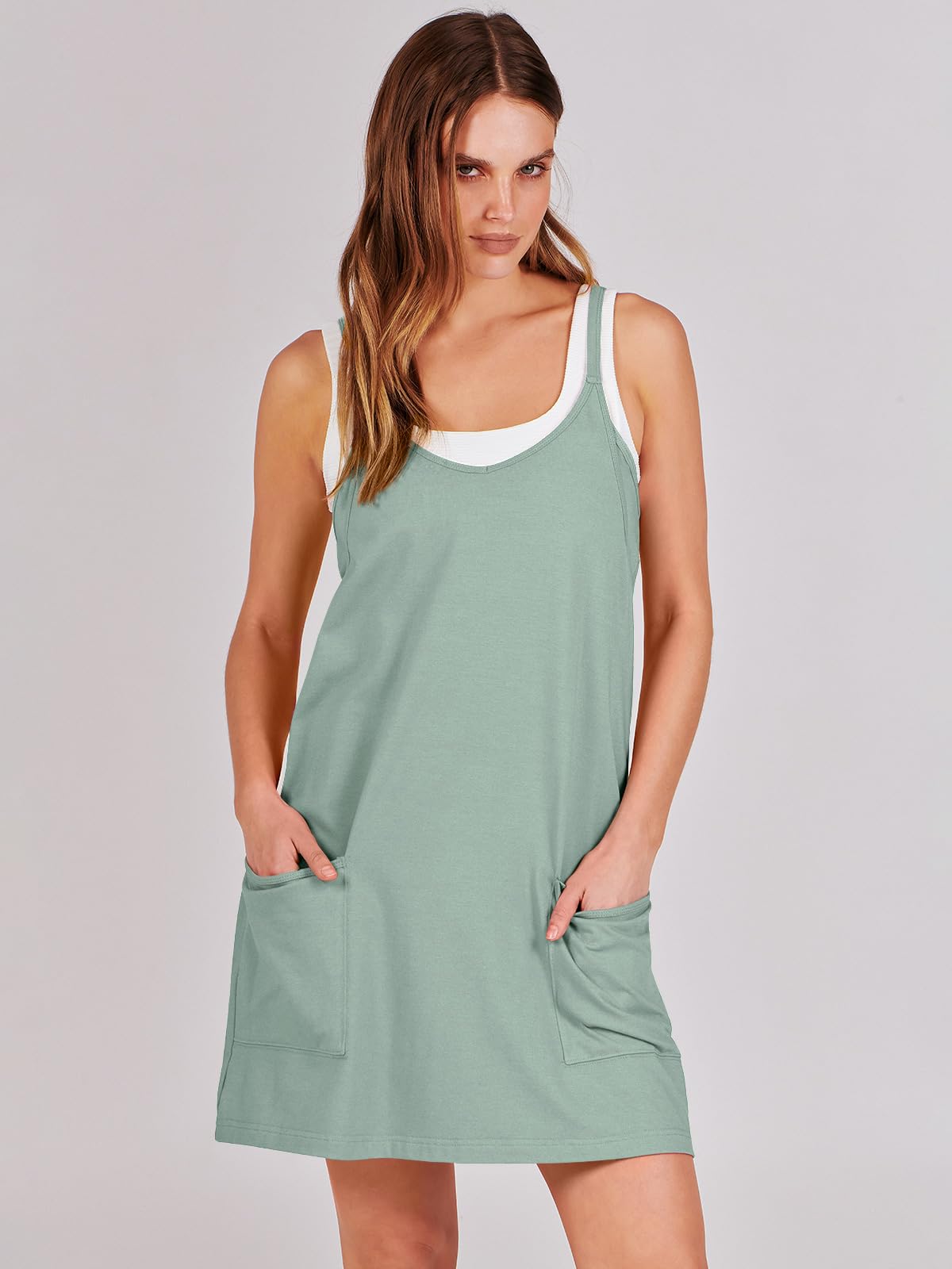 ANRABESS Women Athletic Dress Summer Tennis Workout Active Sports Mini Romper Dress Built in Shorts Travel Vacation Clothes Gray Blue Large