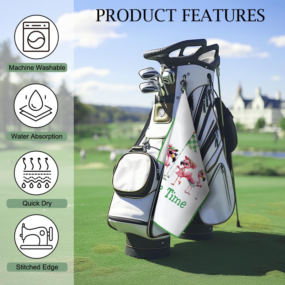 DYJYBMY Birdie Time Funny Printed Golf Towel with Clip, Novelty Golf Towels, Cute Birdie Golfer Gifts for Mom Women Aunt Flamingo Lover Golf Lover Golf Club