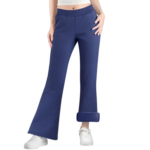 BIG ELEPHANT Girls Fleece Flared Pants – Soft Cotton Bell Bottom Pants with Pockets, Slim Thigh Fit for School & Daily Wear Navy Blue