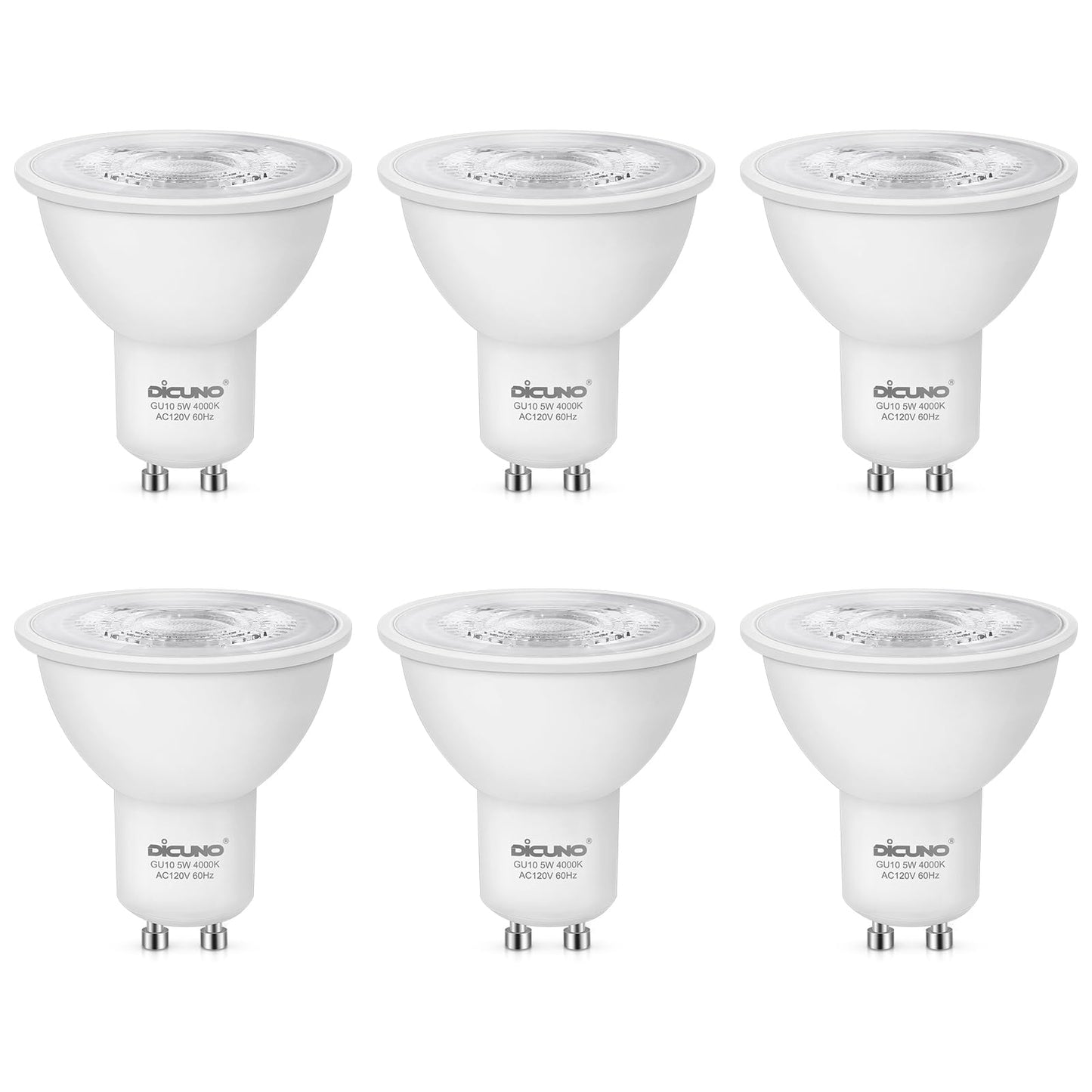 DiCUNO GU10 LED Bulb, 40W Equivalent, Natural White 4000K, Non-Dimmable, 450LM, MR16 GU10 LED for Spotlight, Track Lighting, 5W Recessed Ceiling Light Bulb with 38° Beam for Kitchen, Pack of 6