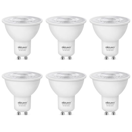 DiCUNO GU10 LED Bulb, 40W Equivalent, Natural White 4000K, Non-Dimmable, 450LM, MR16 GU10 LED for Spotlight, Track Lighting, 5W Recessed Ceiling Light Bulb with 38° Beam for Kitchen, Pack of 6