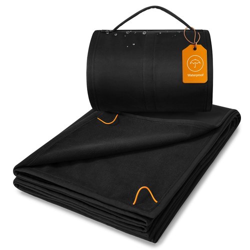 BEDELITE Large Waterproof 315GSM Camping Blanket 2.75LB, Lightweight Packable Blanket for Car, Foldable Fleece Stadium Blanket for Outdoor Sports, Wearable, Machine Washable, 55" x 80" Twin,Black