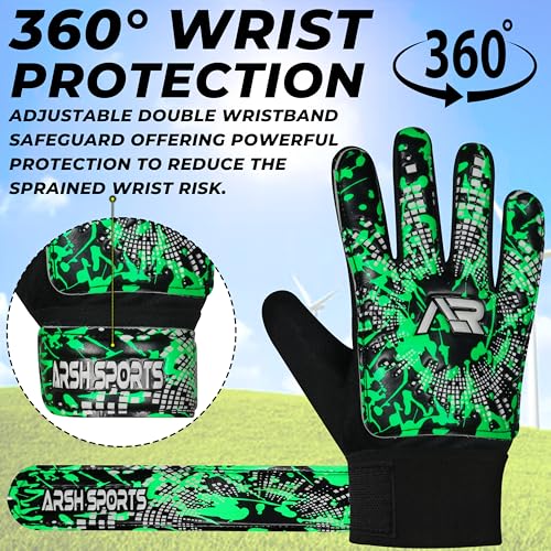 Soccer Goalie Gloves for Kids - Size 6 with Double Wrist Protection - Green