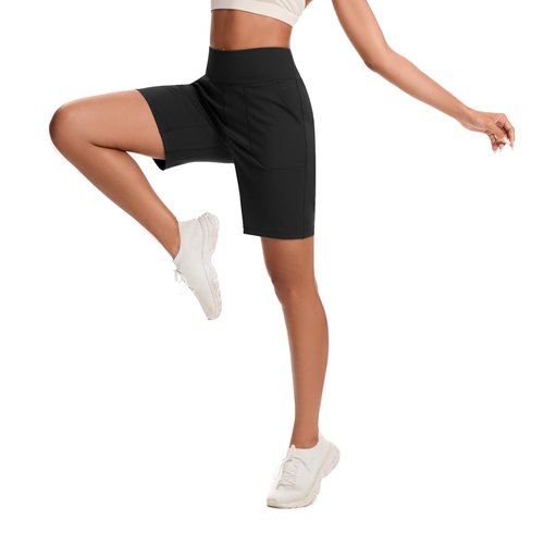 EZPERY Bermuda Shorts for Women with Zipper Pocket Womens High Waisted Long Shorts for Running Workout Athletic Black Dark
