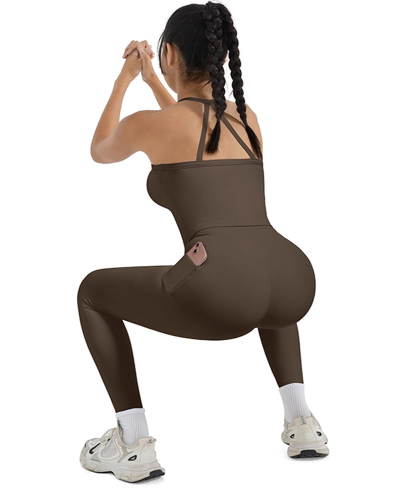 SUUKSESS Women 2 Piece Workout Sets Compression Tummy Control Leggings with Pockets Halter Built in Bra Tank Tops Sports Bra Scrunch Booty Lting Yoga Pants (Brown, XL)