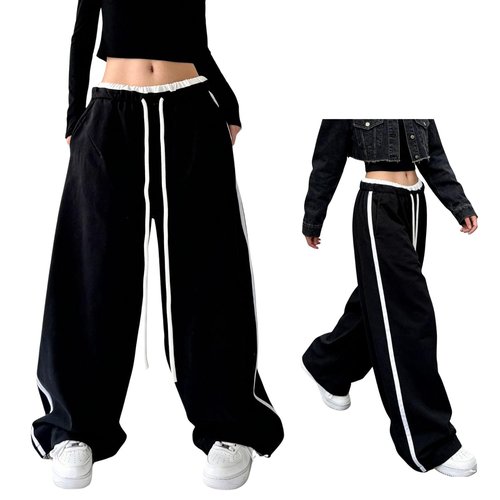 PEAINJ Wide Leg Sweatpants for Women Men Baggy Y2k Sweatpants Elastic Waist Drawstring Joggers Pants Hip Hop Clothes Black-M
