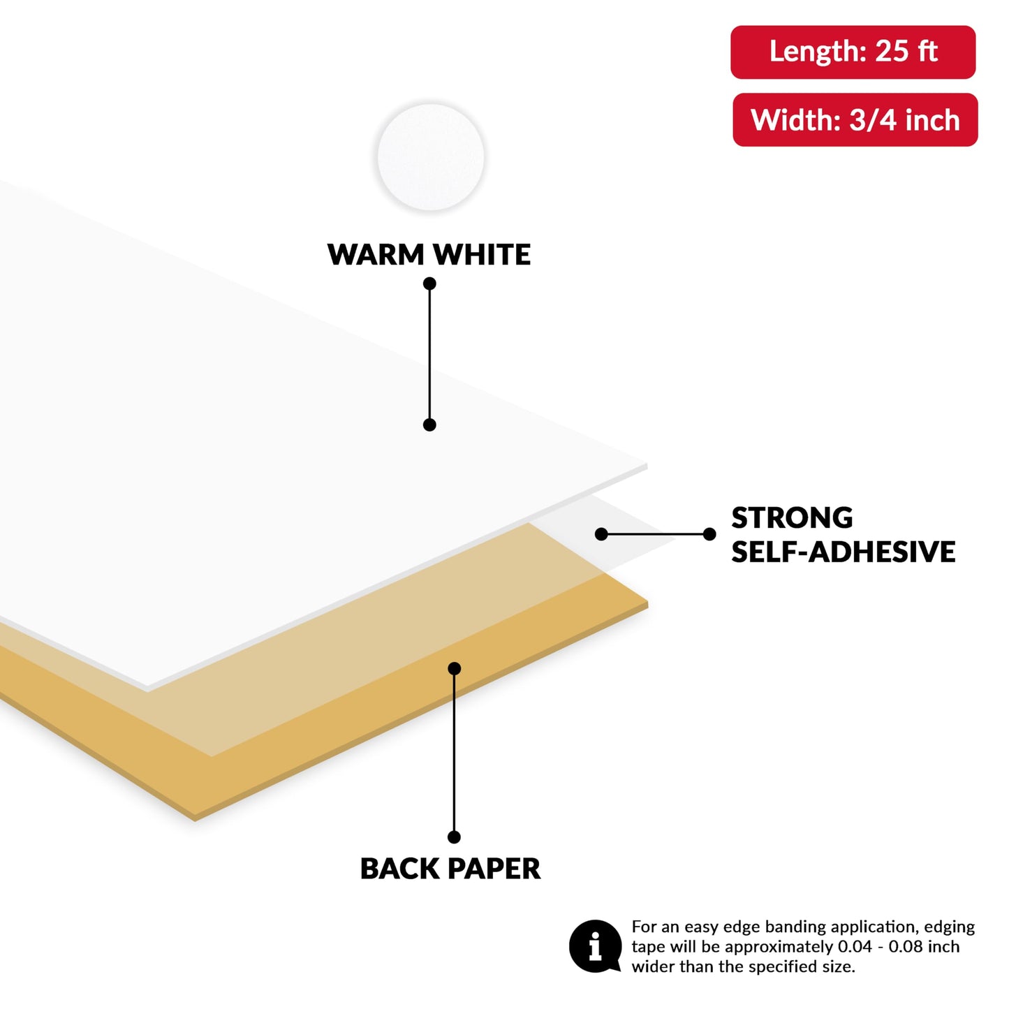 White PVC 3/4 inch x 25 ft Edge Banding Tape Peel Stick Adhesive Edging Veneer Trim Flexible Vinyl Strip Molding MDF Wood Cabinet Laminate Shelf Furniture Countertop Formica Plywood Board Repair