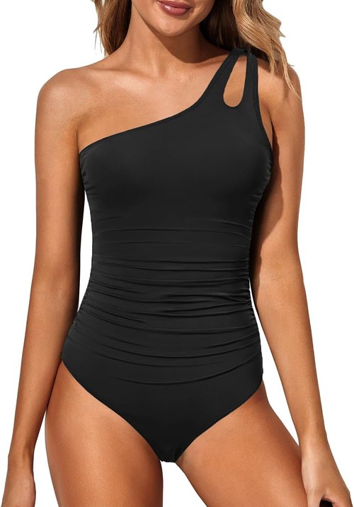 Holipick One Shoulder One Piece Swimsuit - Tummy Control & Modest Full Coverage | Keyhole Design