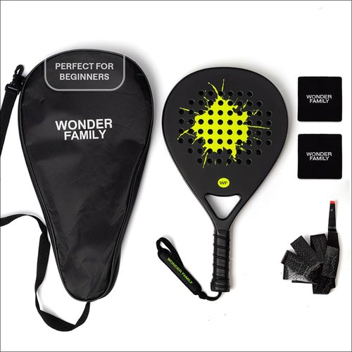 Padel Racket with Overgrip & 2 Wristbands – Memory EVA Foam, Perfectly Balanced – Pala de Padel – Fiberglass Paddle for Beginners and Intermediates – Includes 420D Fiber Bag (Black)