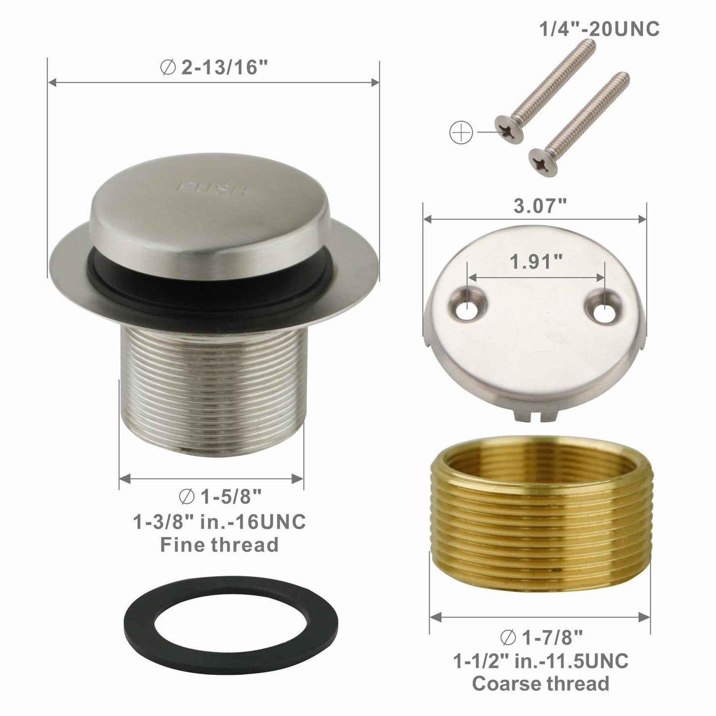 Welsan Bathtub Drain Tip Toe Tub Conversion Kit, Replacement Bath Trim with Two-Hole Overflow Faceplate and Universal Fine/Coarse Thread Assembly, Brushed Nickel