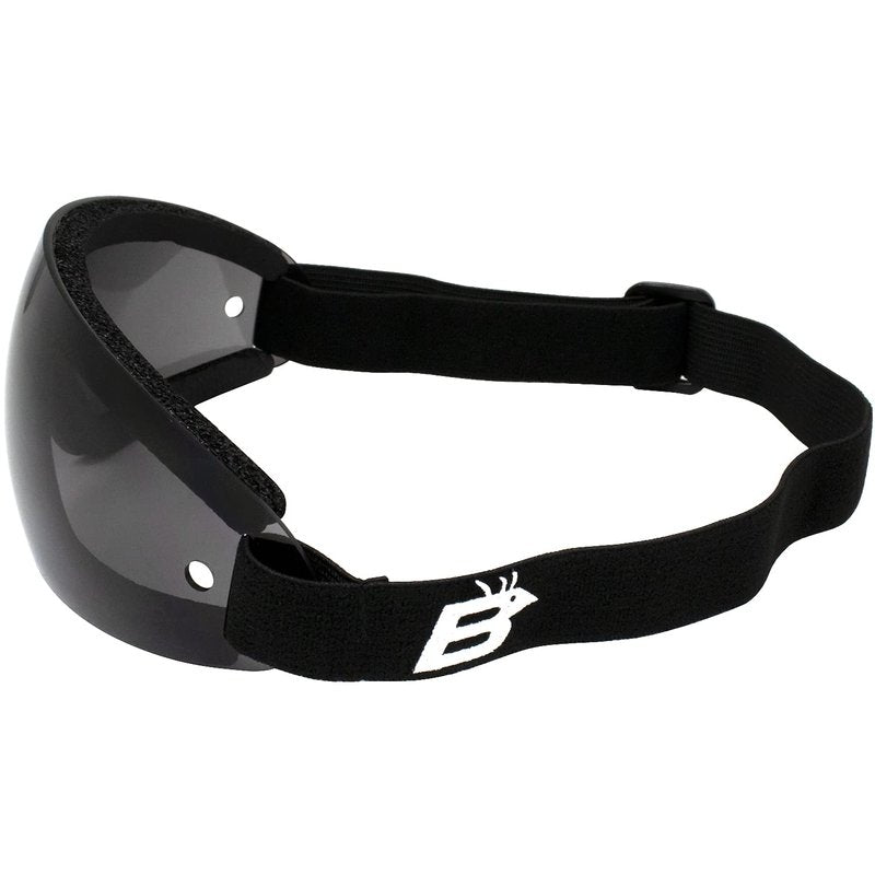Birdz Eyewear Wing Goggles Black Frame Smoke Lens Skydiving Extreme Sports 100% UV Protection Antifog Coated Adjustable Strap Peripheral Vision Neoprene Foam Padding Shatterproof Lens Microfiber Bag