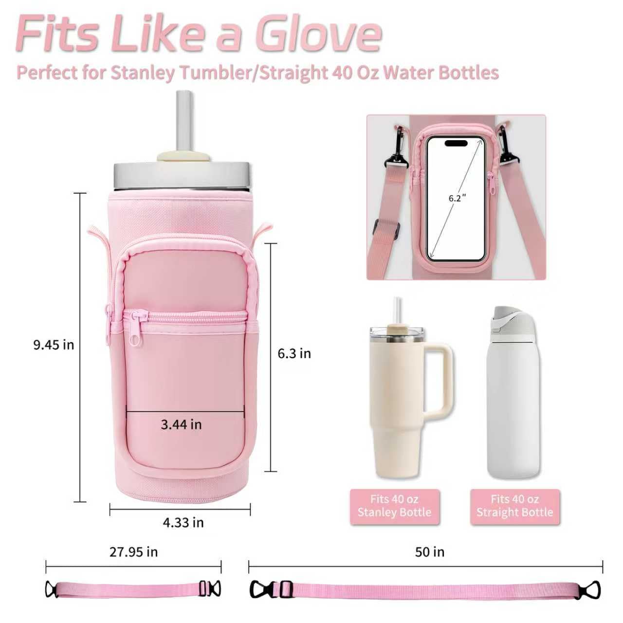 Doacpcr Water Bottle Carrier Bag with Phone Pocket for Stanley 40 oz Tumbler Compatible with Handle/Straight Bottles, Water Bottle Holder with Adjustable Strap, Stanley Cup Accessories 40 oz (Pink)