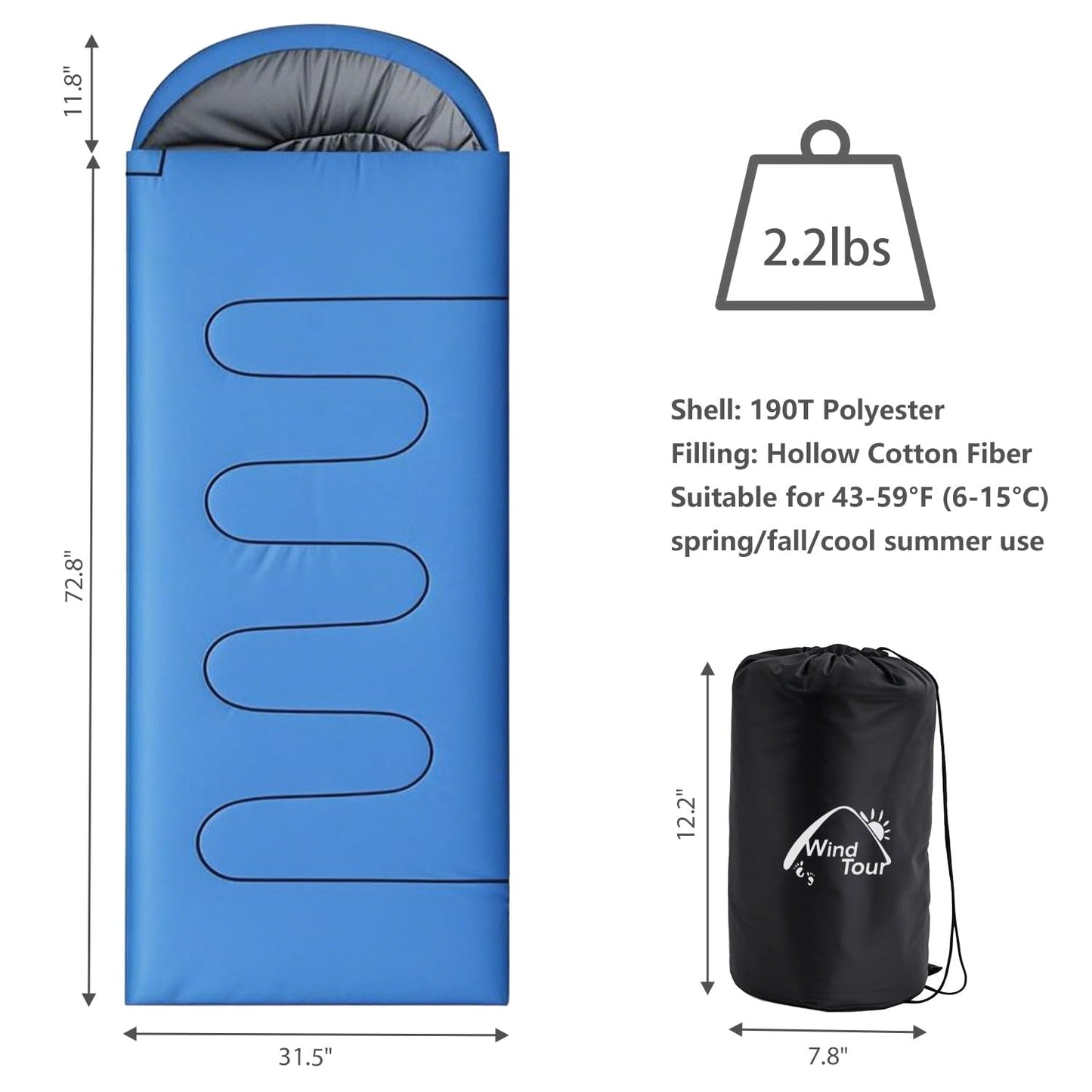 Wind Tour 3 Season Lightweight Waterproof Sleeping Bag Indoor & Outdoor for Hiking Backpacking Camping Traveling