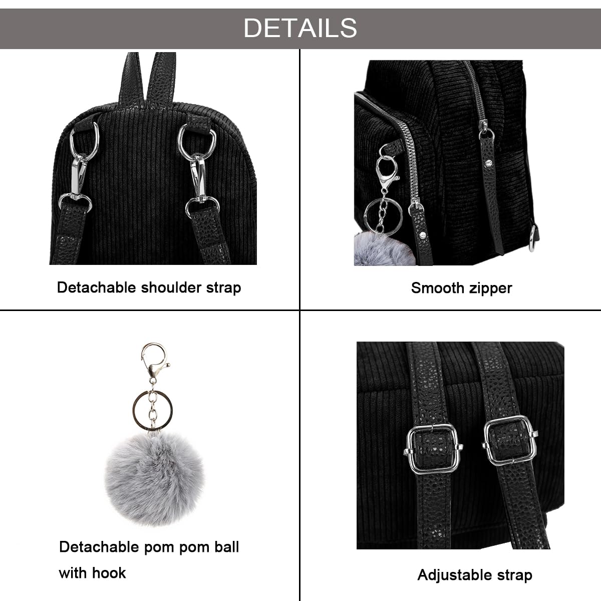 Sunwel Fashion Cute Mini Backpack 3 Way Carry Light-weight Corduroy Casual Daypack Detachable Keyring Fur Pom Pom Ball for Women (black)