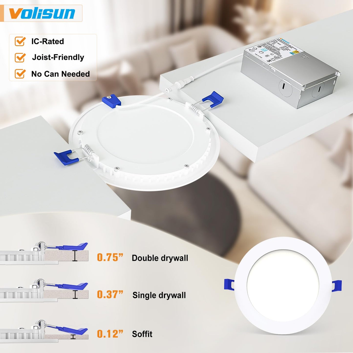 VOLISUN 12 Pack 7 inch Recessed Lighting, 5CCT LED Recessed Light with Junction Box, 2700K-5000K Selectable, Dimmable Canless Wafer Downlight, LED Ceiling Light ETL Certificated