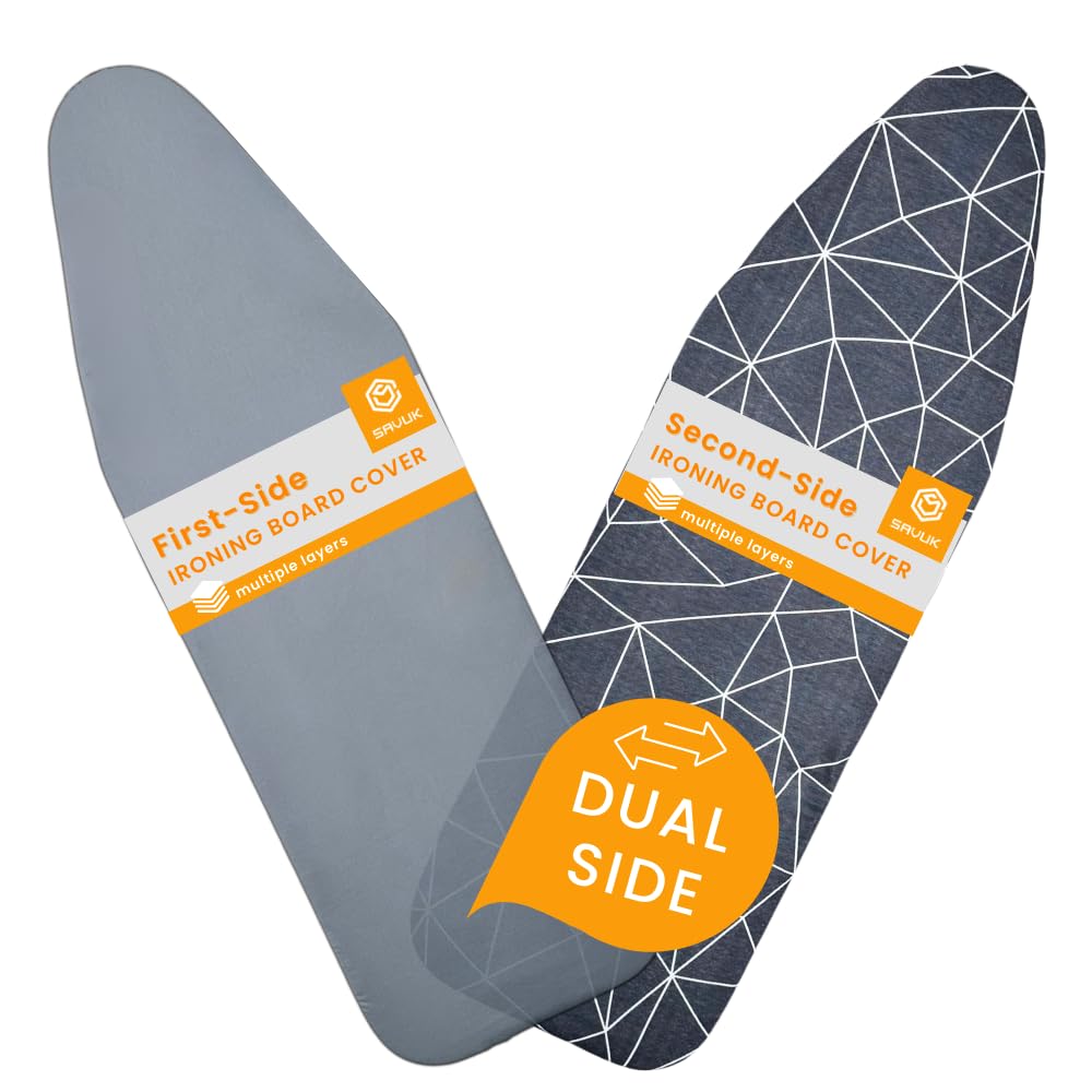 SAVUK Ironing Board Cover and Pad Dual Side X2 Lifetime Double Using Heavy Duty Thick Padding Heat Reflective Non Stick Scorch and Stain Resistant Adjustable 15x54 inch