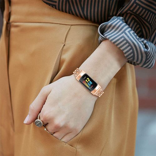 Chic Cute Bling Bands Compatible with Fitbit Charge 6/Charge 5 Fitness & Health Tracker,Rhinestone Dressy Bracelet Stainless Steel Metal Replacement Strap Wristbands Jewelry Strap Women (RoseGold)