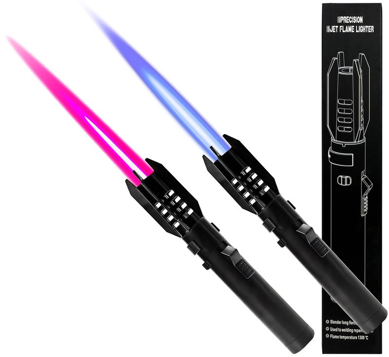 Torch Lighter 2 Pack Red+Blue Straight Flame Long Torch Lighter Bright Fire Butane Refillable Windproof with Flame Adjustable and Safety Lock for Camping Candles Cooking Outdoor Gift, 8"(Without Fuel)