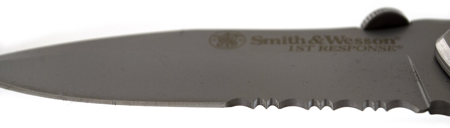 Smith & Wesson SWFRS 8in High Carbon S.S. Folding Knife with 3.3in Drop Point Serrated Blade and S.S. with G-10 Inlay Handle for Outdoor, Tactical, Survival and EDC