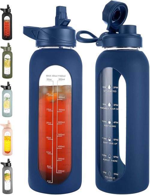 CIVAGO 40 oz Glass Water Bottle - Motivational Sports Flask with Straw, Handle & Time Marker - Navy