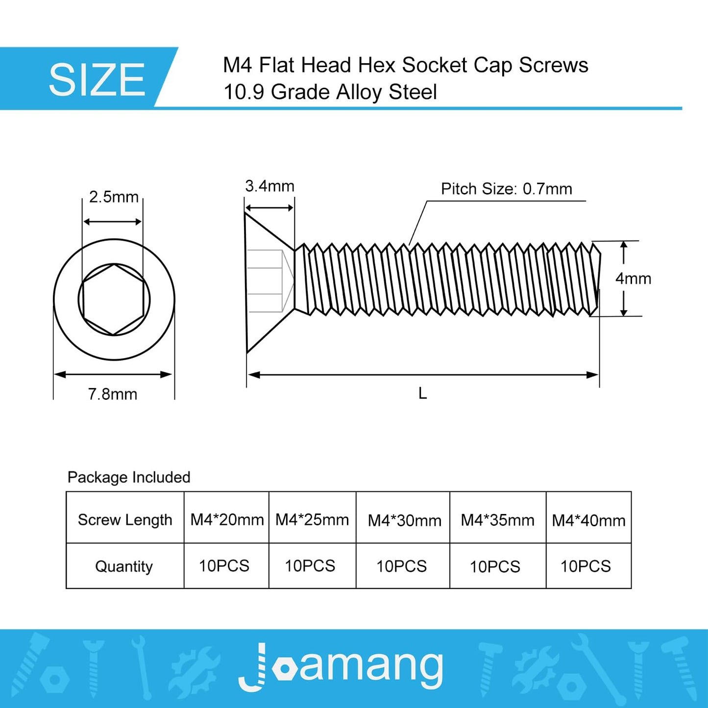 Joamang M4 x 20mm 25mm 30mm 35mm 40mm Flat Head Hex Socket Cap Screws Countersunk Bolts, 10.9 Grade Alloy Steel, Black Oxide Finish, Metric Allen Hex Drive, Fully Threaded, Assortment Kit 50Pcs