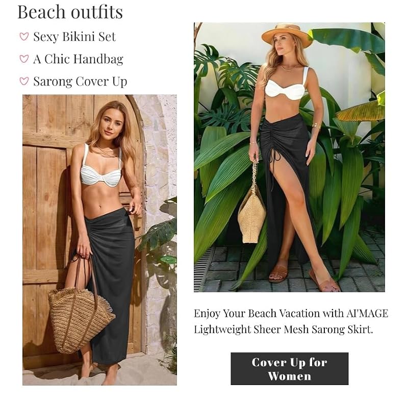 AI'MAGE Black Medium Sarong Swimsuit Cover Up Sheer Beach Skirt Wrap