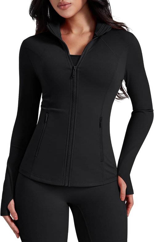 AVGO Women's Lightweight Athletic Workout Jacket - Slim Fit Zip-Up with Pockets & Thumb Holes