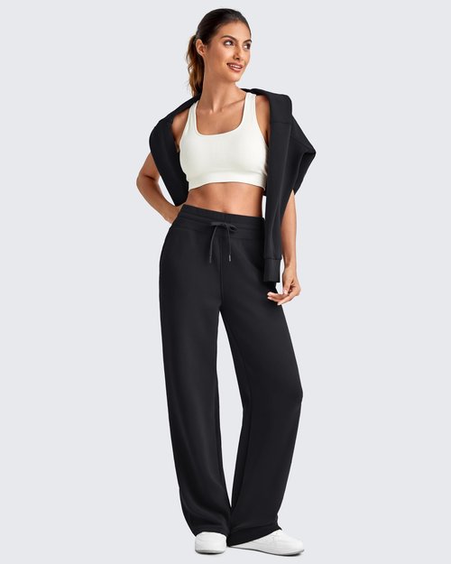 G4Free Wide Leg Pants for Woman Drawstring Pull on High Waist Casual Lounge Workout Gym Track Pants with Pockets(Black,M,Tall)