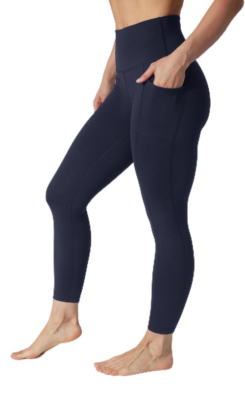 90 Degree By Reflex Womens High Waist Elastic Free Ankle Length Wonderlink Leggings with Side Pockets | Deep Abyss | Medium