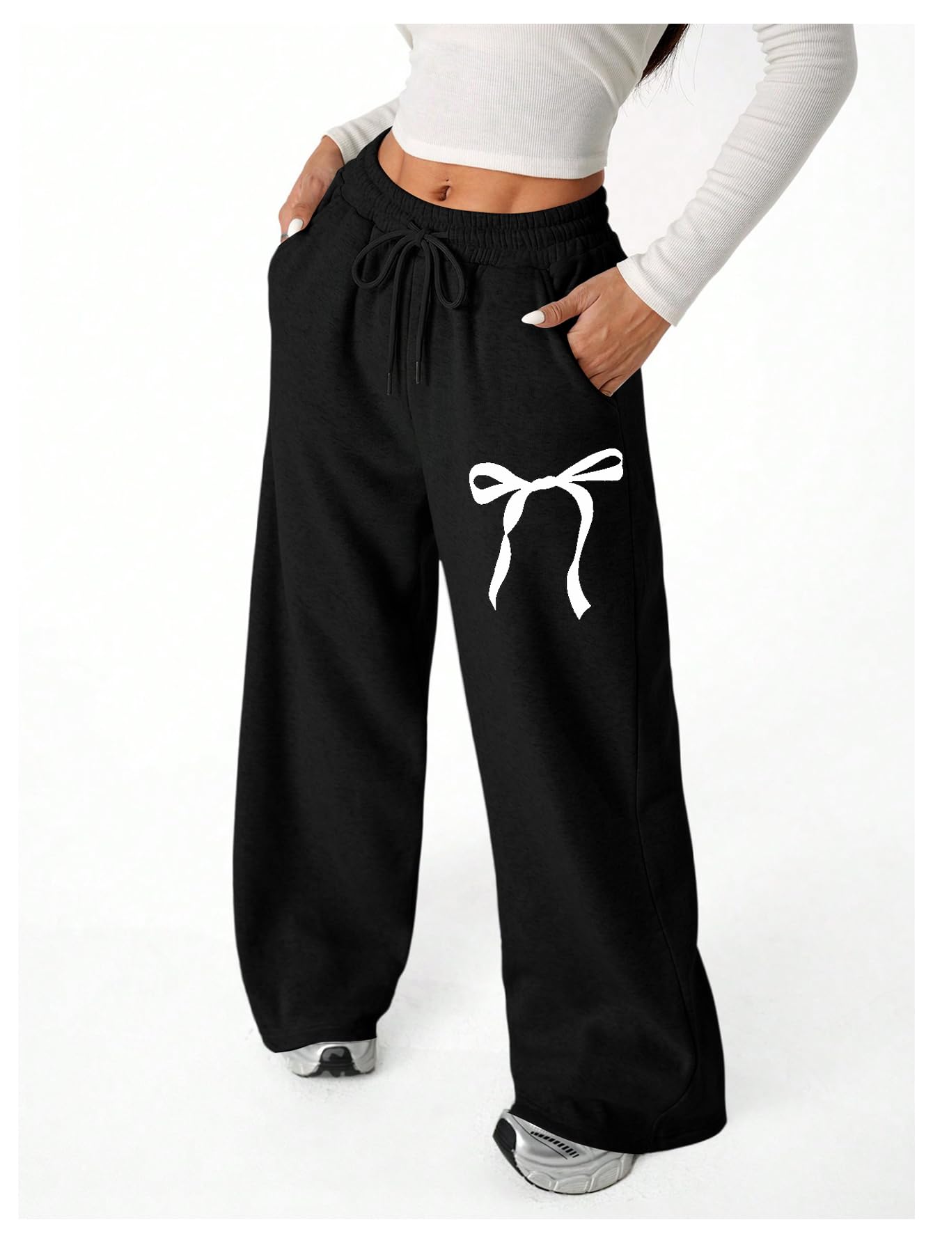 Verdusa Girl's Bowknot Baggy Sweatpants Lightweight Straight Leg Athletic Pants with Pockets Solid Black 12 Years