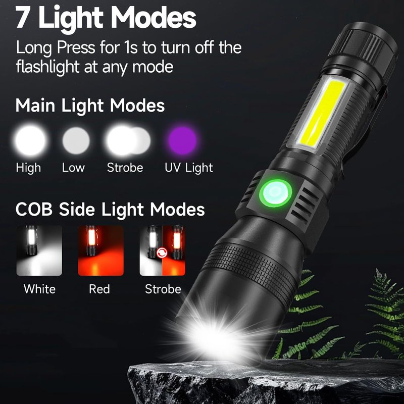 Black Light flashlight, 3 in-1 Rechargeable Flashlights, UV Light Magnetic LED Flashlight High Lumens, 7 Mode Camping Waterproof Flashlight for Pet Urine Detection ((Black + Purple) with case)