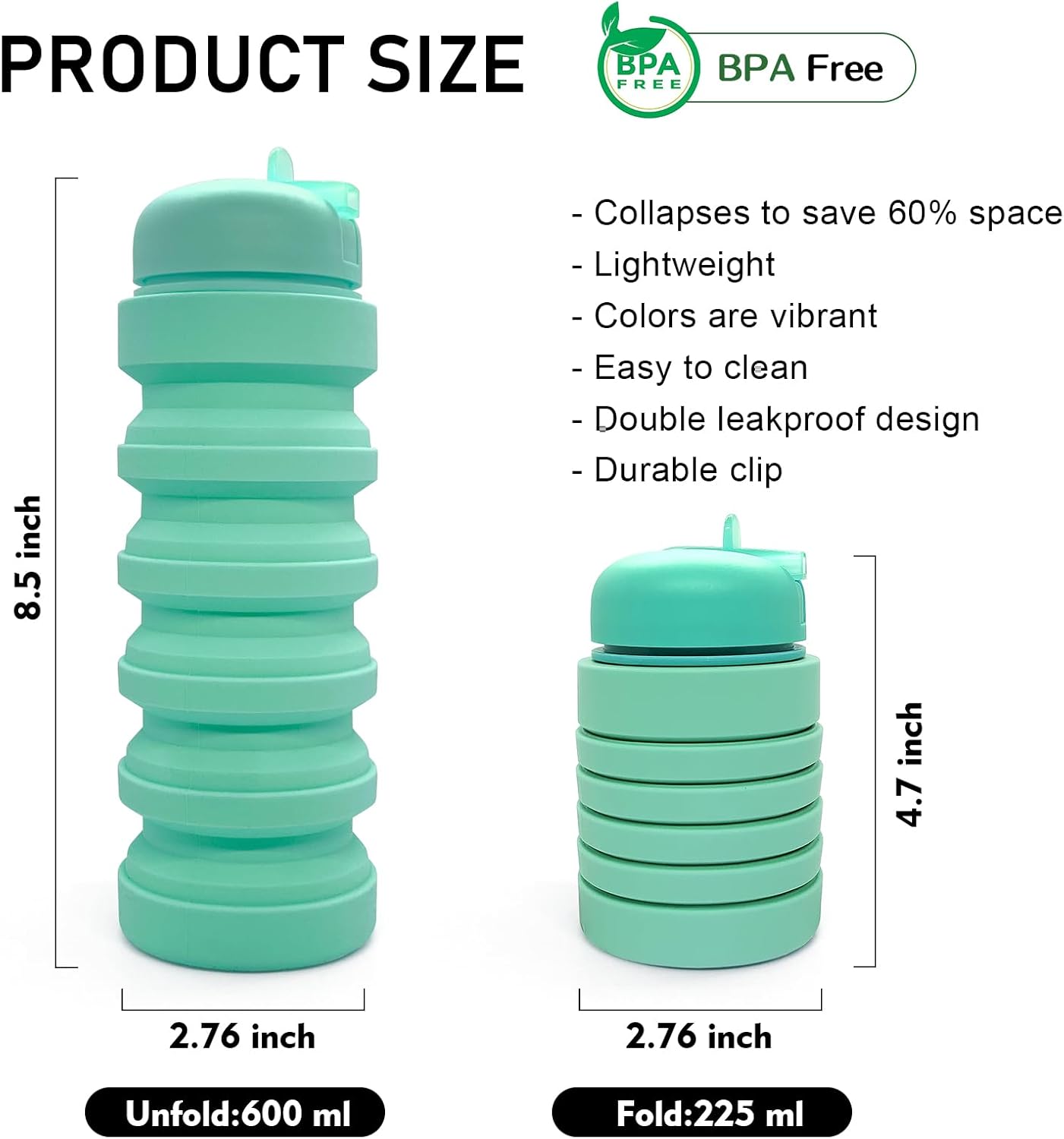 Skiennix Collapsible Water Bottle - 20oz Portable Silicone Sport Bottle | Leakproof & BPA Free for Travel, Gym, Hiking