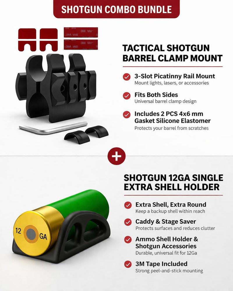 Shotgun 12Ga Single Extra Shell Holder, Caddy, Extra Round, Match Sever W/3M Tape Shotgun Barrel Clamp Mount w/Built 2-Side 3-Slot Picatinny Rail Mount (6 PCS Gasket Silicone Elastomer Included)