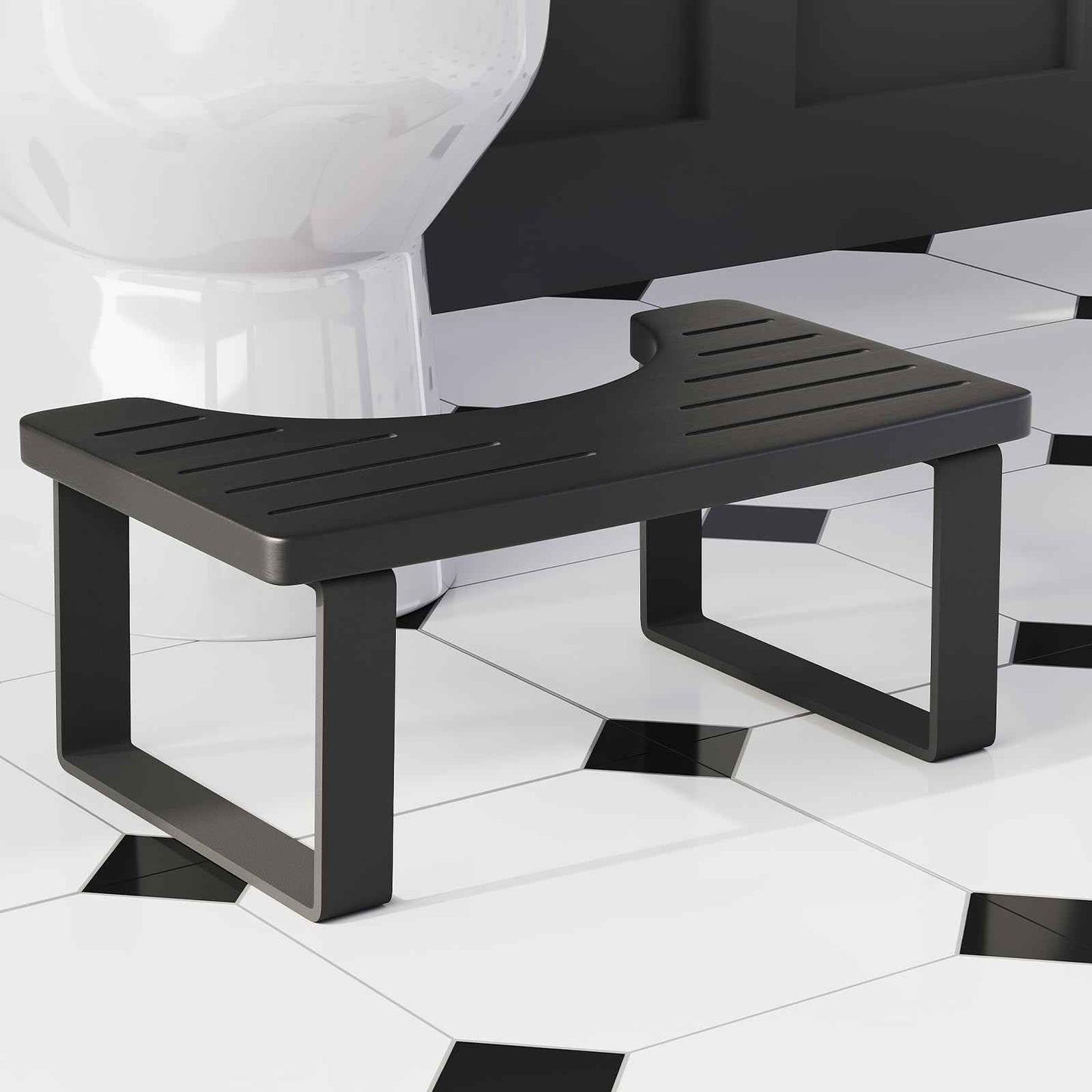 Squatting Potty for Adults, 7in Wooden Poop Stool Adult, Matte Black Bamboo Toilet Stool Squat, Wood Pooping Stool for Bathroom, Toilet Foot Step for Kids with Non-Slip Mat