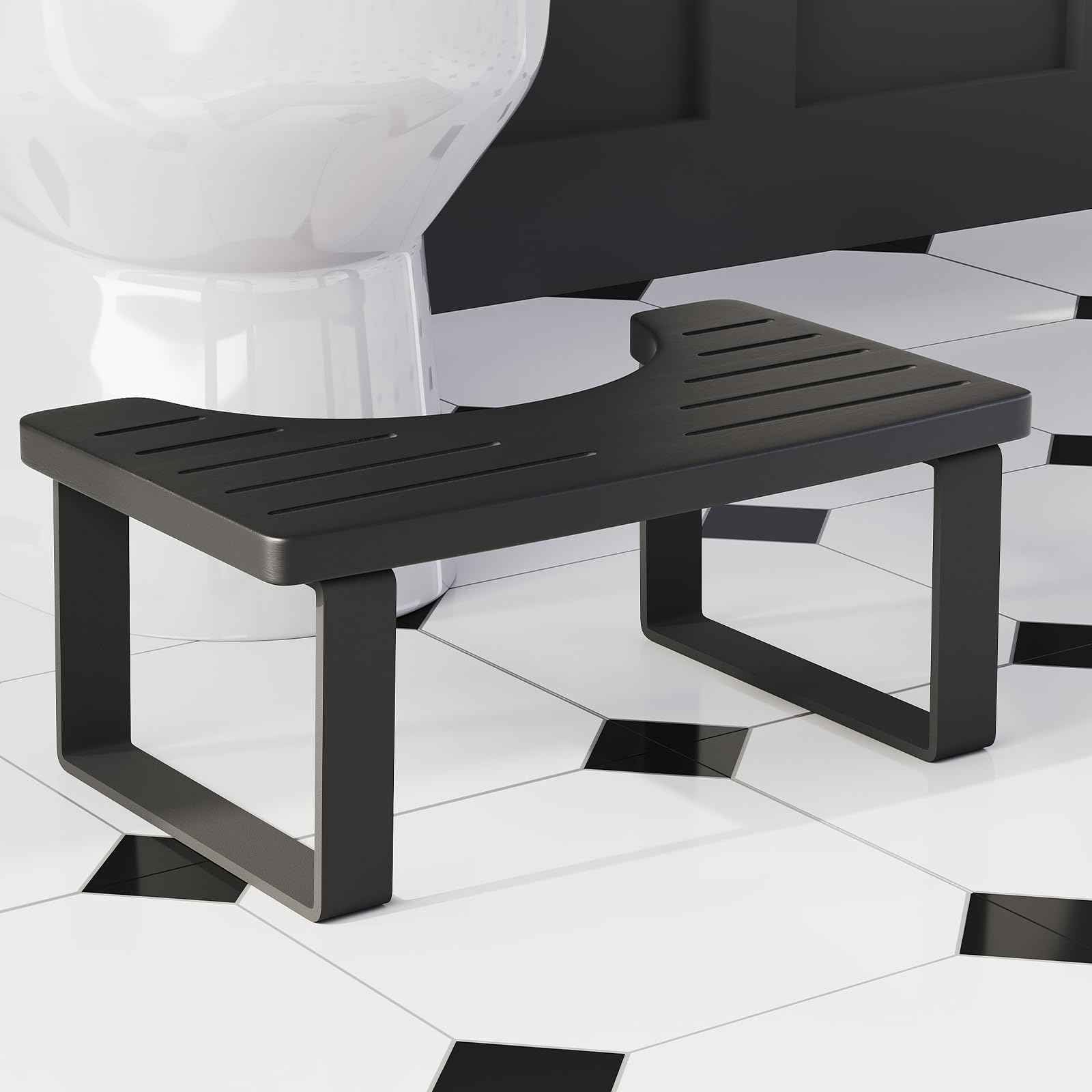 Squatting Potty for Adults, 7in Wooden Poop Stool Adult, Matte Black Bamboo Toilet Stool Squat, Wood Pooping Stool for Bathroom, Toilet Foot Step for Kids with Non-Slip Mat