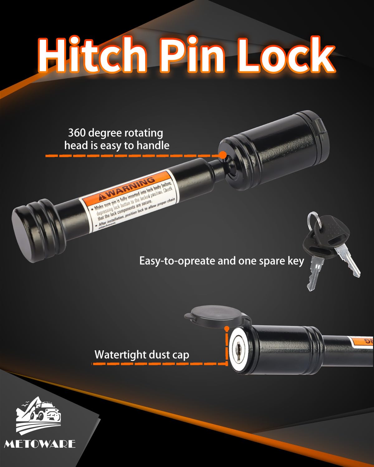 METOWARE Trailer Hitch Lock - 5/8" Dia Locking Hitch Pin, Anti-Theft Trailer Receiver Lock, Fits 2" Receiver Tubes, Class III & IV Hitch Receivers, Black (1 Pack)