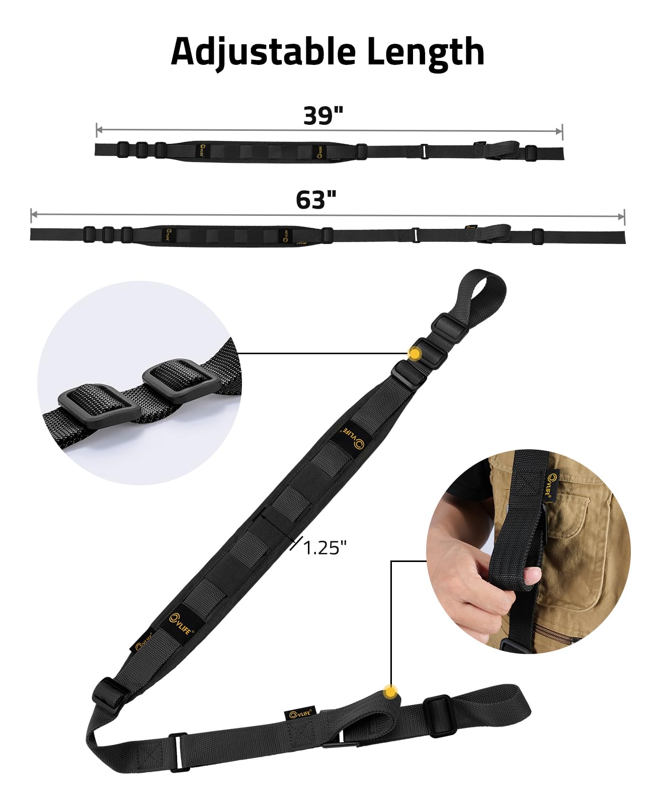 CVLIFE Two Point Sling with Padded Wide Sling, Removable Swivels - Black - Adjustable Length for Outdoor Activities