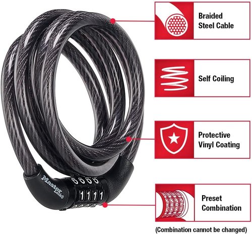 Master Lock Black Set - Preset Combination Bike Lock | Weather Resistant Vinyl Coating, 4 Feet Long, Pack of 2