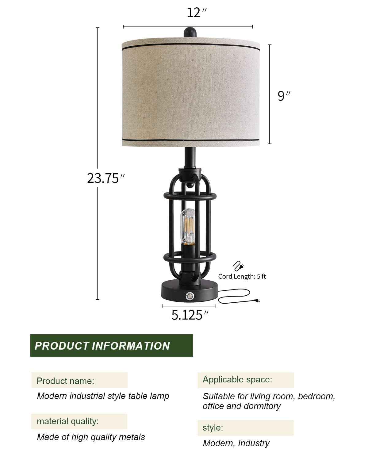 G-SAFAVA 23.75'' Industrial Black Metal Table Lamps Living Room Lamp for Nightstand Bedroom lamps Set of 2 Bedside End Side Table Lamps Home Decor Touch Lamp Modern Lamps With USB Port, Bulbs Included