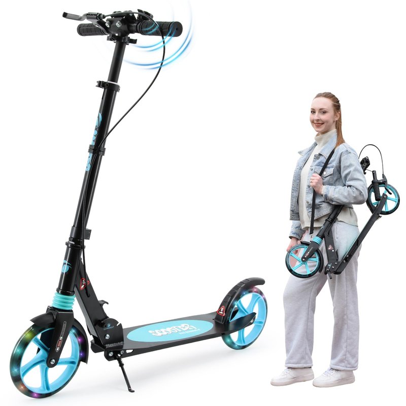 Scooter for Ages 8+ Teens and Adults Kick Scooter Foldable with Double Braking System Bells Adjustable Handlebars Kickstand Max Load 220 LBS 8" Big Wheels (Black)